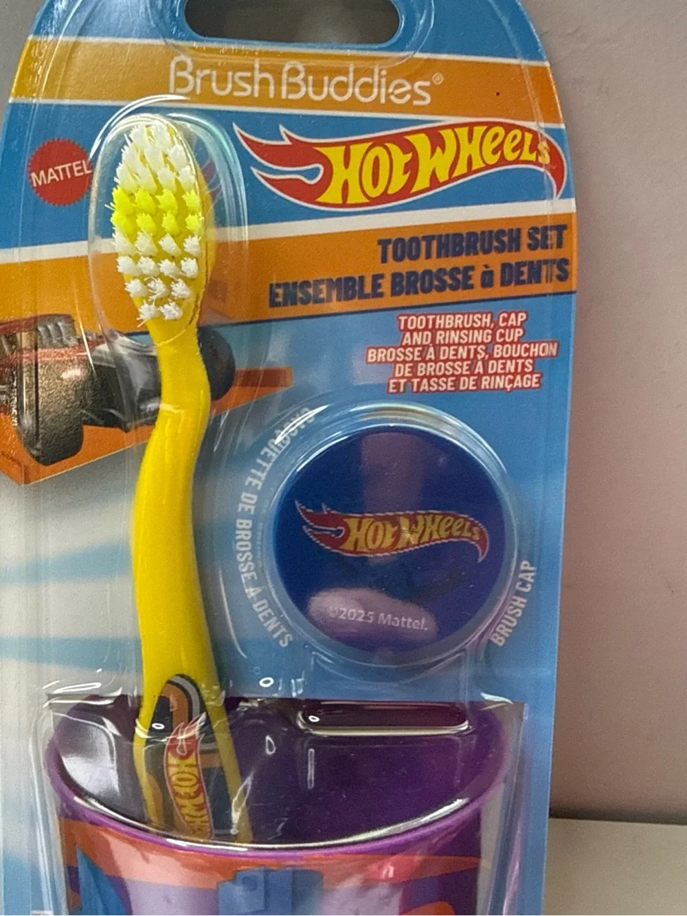 Hot Wheels Kids Toothbrush Set - Yellow Toothbrush with Blue Cup